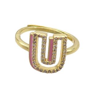 Copper Ring Pave Zircon U-Letter Adjustable Enamel Gold Plated, approx 10-14mm, 18mm dia [FN36104]