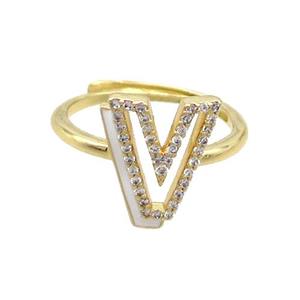 Copper Ring Pave Zircon V-Letter Adjustable Enamel Gold Plated, approx 10-14mm, 18mm dia [FN36105]