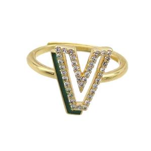 Copper Ring Pave Zircon V-Letter Adjustable Enamel Gold Plated, approx 10-14mm, 18mm dia [FN36106]