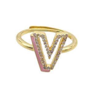 Copper Ring Pave Zircon V-Letter Adjustable Enamel Gold Plated, approx 10-14mm, 18mm dia [FN36107]