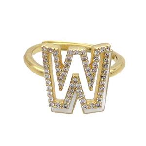 Copper Ring Pave Zircon W-Letter Adjustable Enamel Gold Plated, approx 10-14mm, 18mm dia [FN36108]
