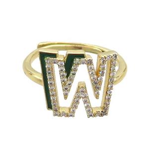 Copper Ring Pave Zircon W-Letter Adjustable Enamel Gold Plated, approx 10-14mm, 18mm dia [FN36109]