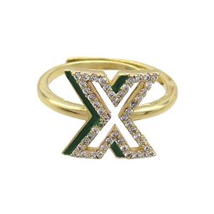 Copper Ring Pave Zircon X-Letter Adjustable Enamel Gold Plated, approx 10-14mm, 18mm dia [FN36112]