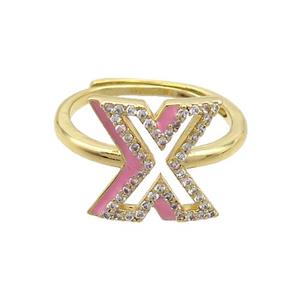 Copper Ring Pave Zircon X-Letter Adjustable Enamel Gold Plated, approx 10-14mm, 18mm dia [FN36113]