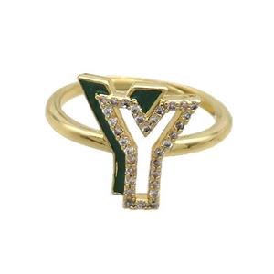 Copper Ring Pave Zircon Y-Letter Adjustable Enamel Gold Plated, approx 10-14mm, 18mm dia [FN36115]