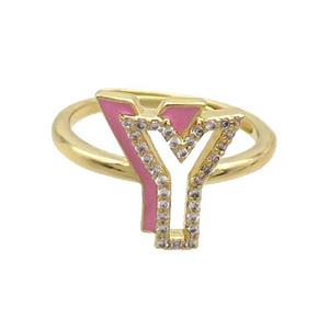 Copper Ring Pave Zircon Y-Letter Adjustable Enamel Gold Plated, approx 10-14mm, 18mm dia [FN36116]