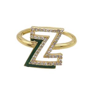 Copper Ring Pave Zircon Z-Letter Adjustable Enamel Gold Plated, approx 10-14mm, 18mm dia [FN36118]