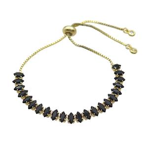 Copper Bracelet Pave Black Crystal Glass Adjustable Gold Plated, approx 3x6mm, 26cm length [FN36125]