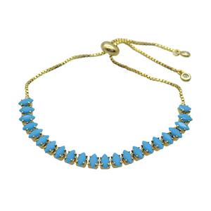 Copper Bracelet Pave Turqblue Crystal Glass Adjustable Gold Plated, approx 3x6mm, 26cm length [FN36130]
