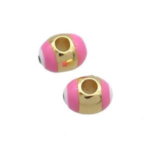 Copper Barrel Beads Pink Enamel Eye Large Hole Gold Plated, approx 5.5-7mm, 2mm hole [FN36170]