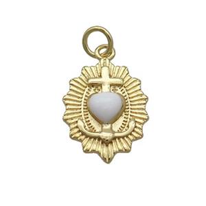 Copper Sacred Heart Of Jesus Charms Pendant White Enamel Religious Gold Plated, approx 13-18mm [FN36195]