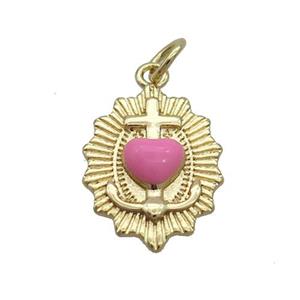 Copper Sacred Heart Of Jesus Charms Pendant Pink Enamel Religious Gold Plated, approx 13-18mm [FN36196]