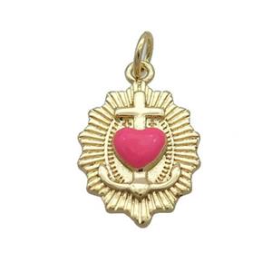Copper Sacred Heart Of Jesus Charms Pendant Hotpink Enamel Religious Gold Plated, approx 13-18mm [FN36197]