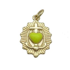 Copper Sacred Heart Of Jesus Charms Pendant Yellow Enamel Religious Gold Plated, approx 13-18mm [FN36198]
