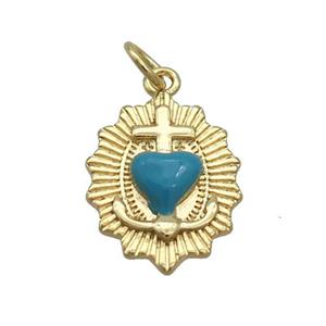 Copper Sacred Heart Of Jesus Charms Pendant Teal Enamel Religious Gold Plated, approx 13-18mm [FN36199]