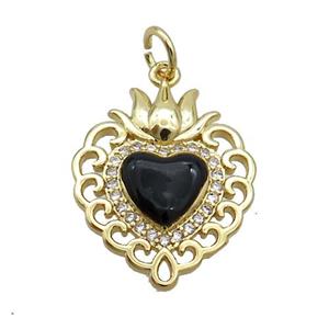 Copper Heart Pendant Pave Zircon Black Enamel Gold Plated, approx 16.5-20mm [FN36203]