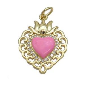 Copper Heart Pendant Pave Zircon Pink Enamel Gold Plated, approx 16.5-20mm [FN36204]