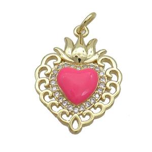 Copper Heart Pendant Pave Zircon Red Enamel Gold Plated, approx 16.5-20mm [FN36205]