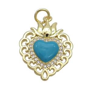 Copper Heart Pendant Pave Zircon Teal Enamel Gold Plated, approx 16.5-20mm [FN36206]