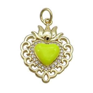 Copper Heart Pendant Pave Zircon Yellow Enamel Gold Plated, approx 16.5-20mm [FN36207]