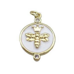 Copper Honeybee Pendant Circle White Enamel Gold Plated, approx 15mm [FN36213]