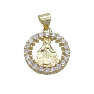 Copper Virgin Mary Charms Pendant Pave Zircon Religious Circle Gold Plated, approx 16mm [FN36220]