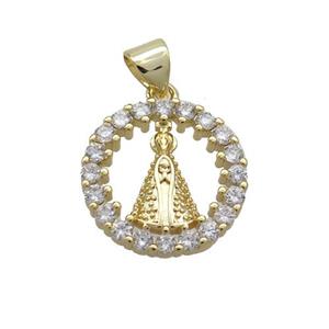 Copper Virgin Mary Charms Pendant Pave Zircon Religious Circle Gold Plated, approx 16mm [FN36221]