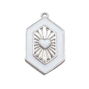 Copper Hexagon Pendant White Enamel Heart Platinum Plated, approx 13-20mm [FN36296]