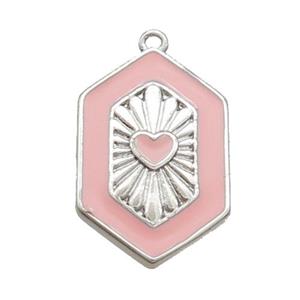 Copper Hexagon Pendant Pink Enamel Heart Platinum Plated, approx 13-20mm [FN36298]
