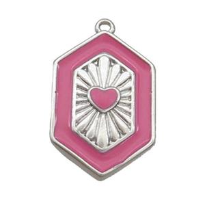 Copper Hexagon Pendant Pink Enamel Heart Platinum Plated, approx 13-20mm [FN36299]