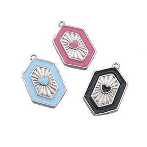 Copper Hexagon Pendant Enamel Heart Platinum Plated Mixed, approx 13-20mm [FN36302]
