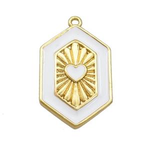 Copper Hexagon Pendant White Enamel Heart Gold Plated, approx 13-20mm [FN36303]