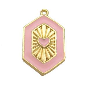Copper Hexagon Pendant Pink Enamel Heart Gold Plated, approx 13-20mm [FN36305]