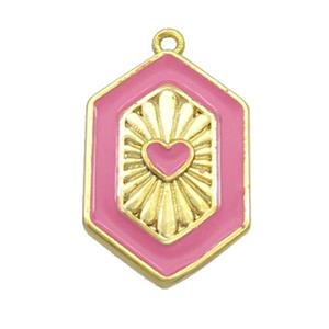 Copper Hexagon Pendant Pink Enamel Heart Gold Plated, approx 13-20mm [FN36306]