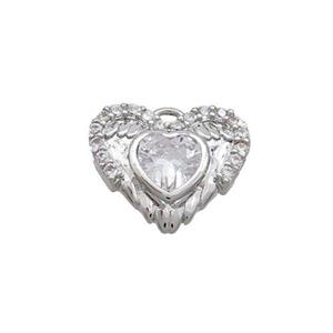 Copper Heart Pendant Pave Zircon Angel Wing Platinum Plated, approx 13mm [FN36310]