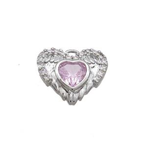 Copper Heart Pendant Pave Zircon Angel Wing Platinum Plated, approx 13mm [FN36313]