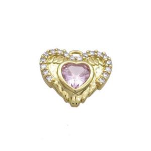 Copper Heart Pendant Pave Zircon Angel Wing Gold Plated, approx 13mm [FN36314]