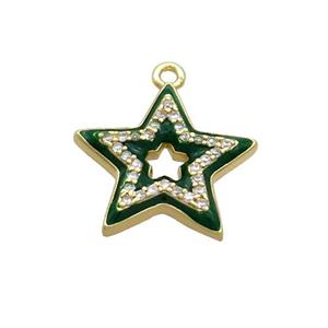 Copper Star Pendant Pave Zircon Green Enamel Gold Plated, approx 15mm [FN36327]