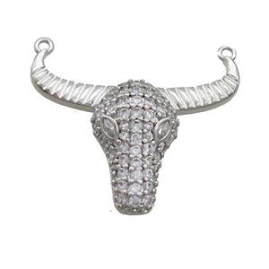 Copper Bullhead Pendant Pave Zircon 2loops Platinum Plated, approx 22-28mm [FN36339]