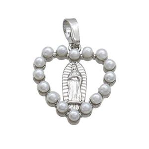 Copper Heart Pendant Pave Pearlized Plastic Virgin Mary Platinum Plated, approx 18mm [FN36360]