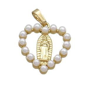 Copper Heart Pendant Pave Pearlized Plastic Virgin Mary Gold Plated, approx 18mm [FN36361]