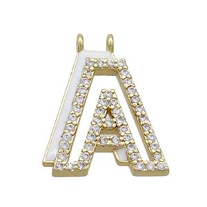 Copper Pendant Pave Zircon White Enamel Letter-A 2loops Alphabet Gold Plated, approx 15-16mm [FN36372]