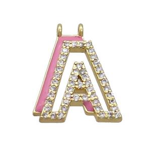 Copper Pendant Pave Zircon Pink Enamel Letter-A 2loops Gold Plated, approx 15-16mm [FN36373]