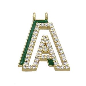 Copper Pendant Pave Zircon Green Enamel Letter-A 2loops Gold Plated, approx 15-16mm [FN36374]