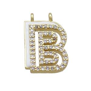 Copper Pendant Pave Zircon White Enamel Letter-B 2loops Gold Plated, approx 15-16mm [FN36375]