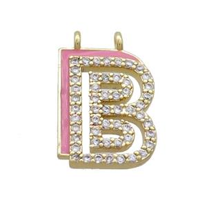 Copper Pendant Pave Zircon Pink Enamel Letter-B 2loops Gold Plated, approx 15-16mm [FN36376]
