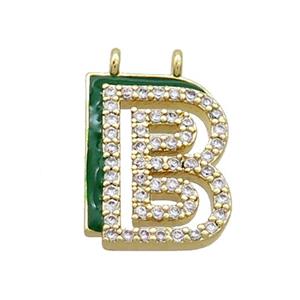 Copper Pendant Pave Zircon Green Enamel Letter-B 2loops Gold Plated, approx 15-16mm [FN36377]