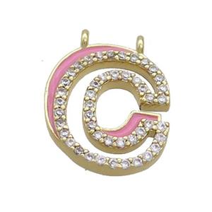 Copper Pendant Pave Zircon Pink Enamel Letter-C 2loops Gold Plated, approx 15-16mm [FN36379]