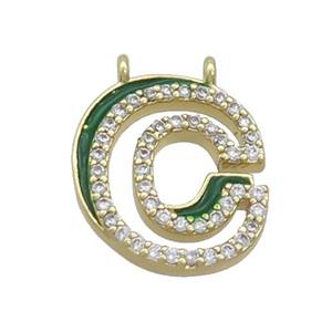 Copper Pendant Pave Zircon Green Enamel Letter-C 2loops Gold Plated, approx 15-16mm [FN36380]