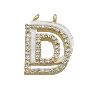 Copper Pendant Pave Zircon White Enamel Letter-D 2loops Gold Plated, approx 15-16mm [FN36381]